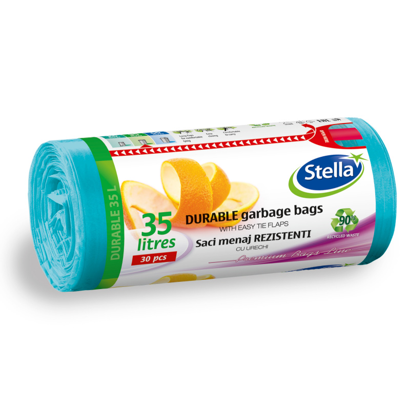 Saci menaj cu urechi  albastri Stella   HDLD ultrarezistenti 35 litri  30 buc rola Saci menaj cu urechi  albastri Stella   HDLD ultrarezistenti 35 litri  30 buc rola