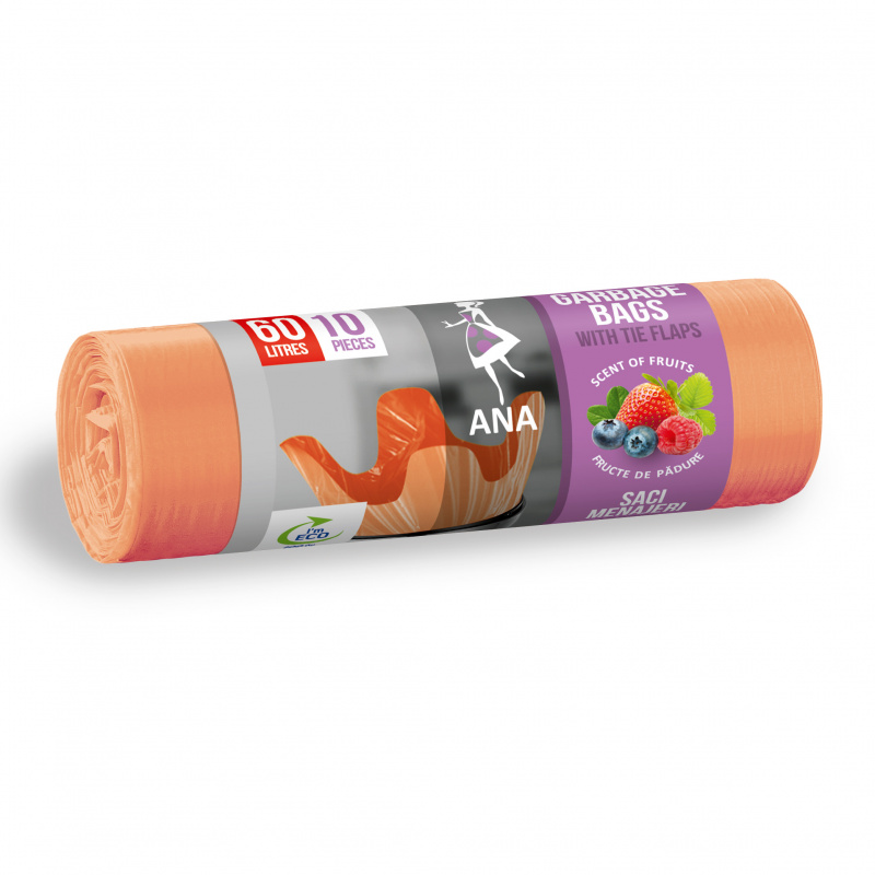 Saci menaj cu urechi HDLD 60 litri  culoare somon cu parfum de fructe  10 bucati rola Saci menaj cu urechi HDLD 60 litri  culoare somon cu parfum de fructe  10 bucati rola
