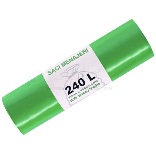 Saci menajeri, colectare selectiva 240 litri L.D.P.E - verzi, 10 buc/rola