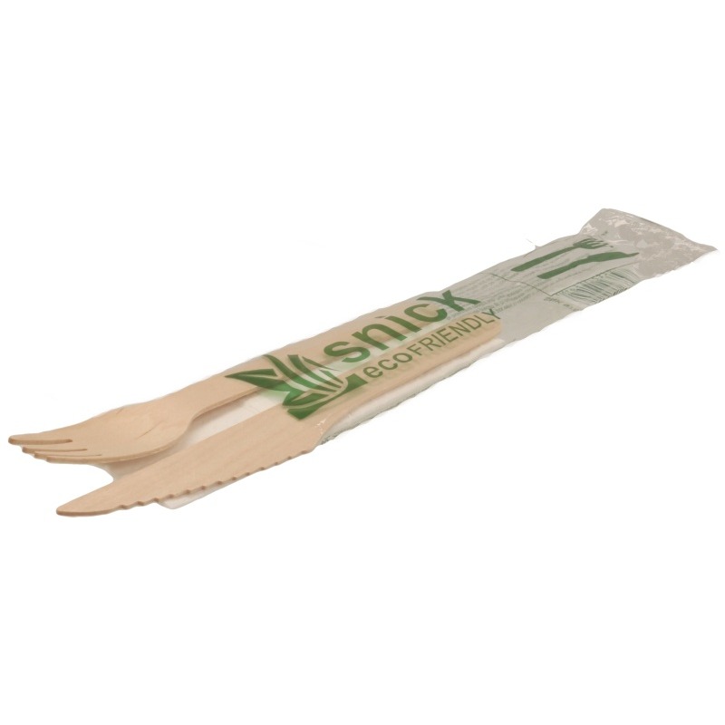 Set tacamuri din lemn ECO ambalate, cutit + furculita + servetel, 100 buc/set Set tacamuri din lemn ECO ambalate, cutit + furculita + servetel, 100 buc/set