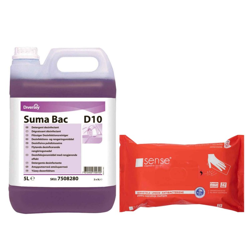 Pachet det dezinfectant Suma Bac D10 + servetele dezinfectante Sense Pachet det dezinfectant Suma Bac D10 + servetele dezinfectante Sense