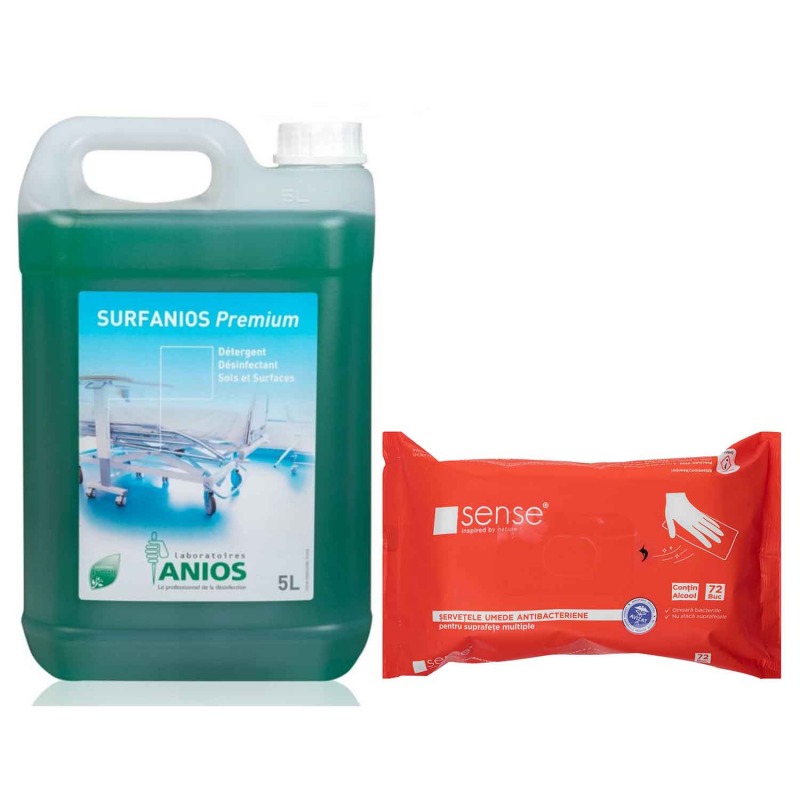 Pachet Surfanios Premium dezinfectant suprafete 5l + servetele dezinfectante Sense Pachet Surfanios Premium dezinfectant suprafete 5l + servetele dezinfectante Sense