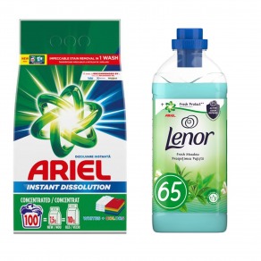 Pachet detergent rufe Ariel + balsam Lenor Fresh Meadow