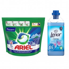 Pachet Detergent Capsule Ariel 3 in 1, 65 buc + balsam Lenor Spring Awakening