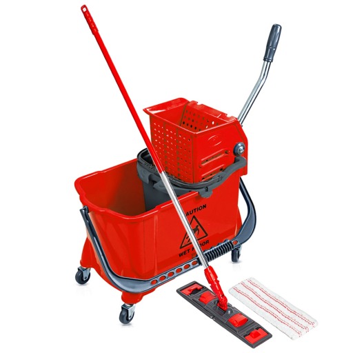 Set curatenie carucior profesional cu mop plat si maner aluminiu rosu