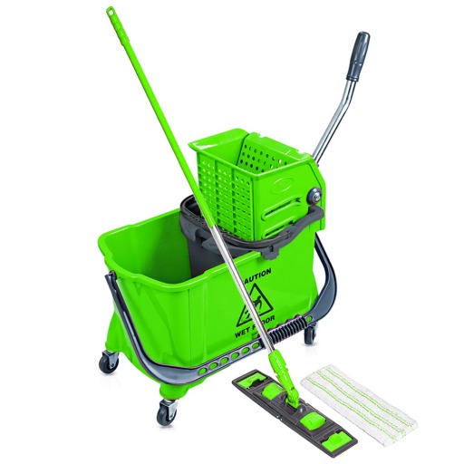 Set curatenie carucior profesional cu mop plat si maner aluminiu verde
