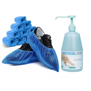 Pachet acoperitori pantofi, grosime 0.9 mcroni + dezinfectant maini virucid Aniogel 800, 1 l