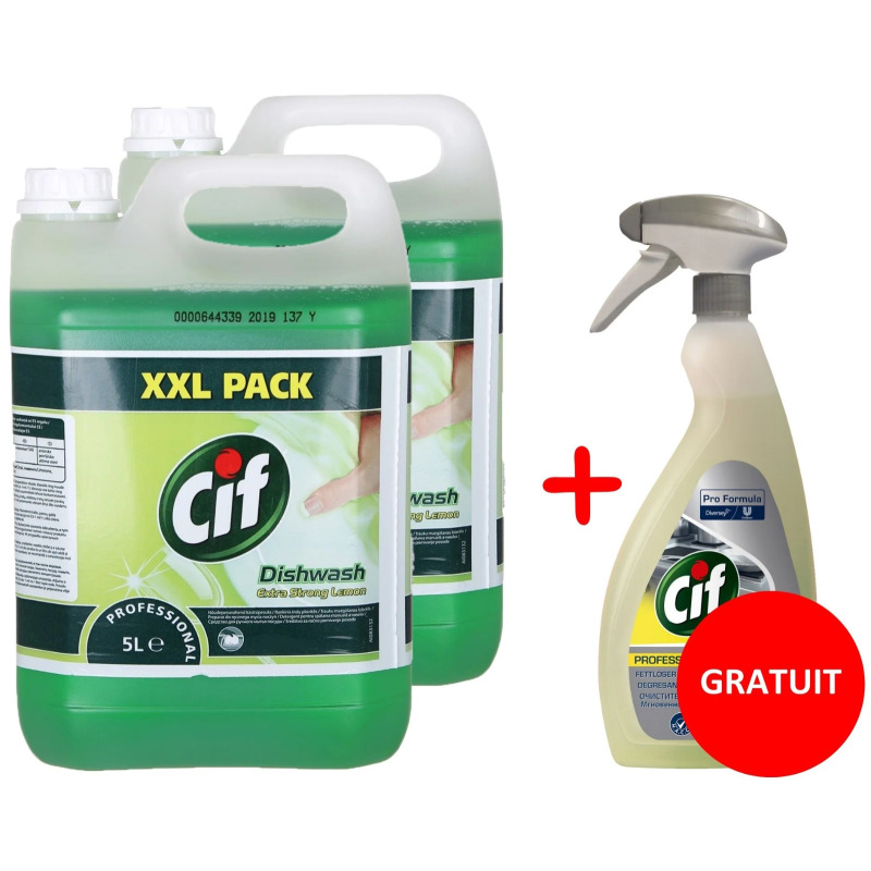 Promo 2 x Detergent vase Cif Profesional Lemon, concentrat, 5L + Degresant pentru grasimi - Cif Pro Formula 750ml, gratuit Promo 2 x Detergent vase Cif Profesional Lemon, concentrat, 5L + Degresant pentru grasimi - Cif Pro Formula 750ml, gratuit