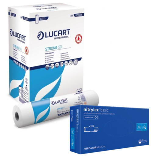Pachet role medicale cearceaf hartie, Lucart Strong 50 cm + manusi nitril Blue M