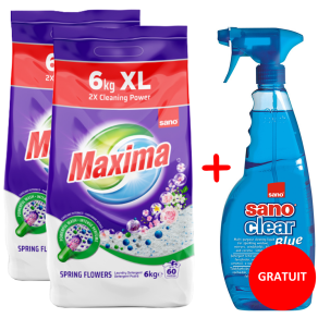 Pachet detergent rufe automat Sano Maxima Spring 6kg + detergent geamuri Sano Clear Blue 1l